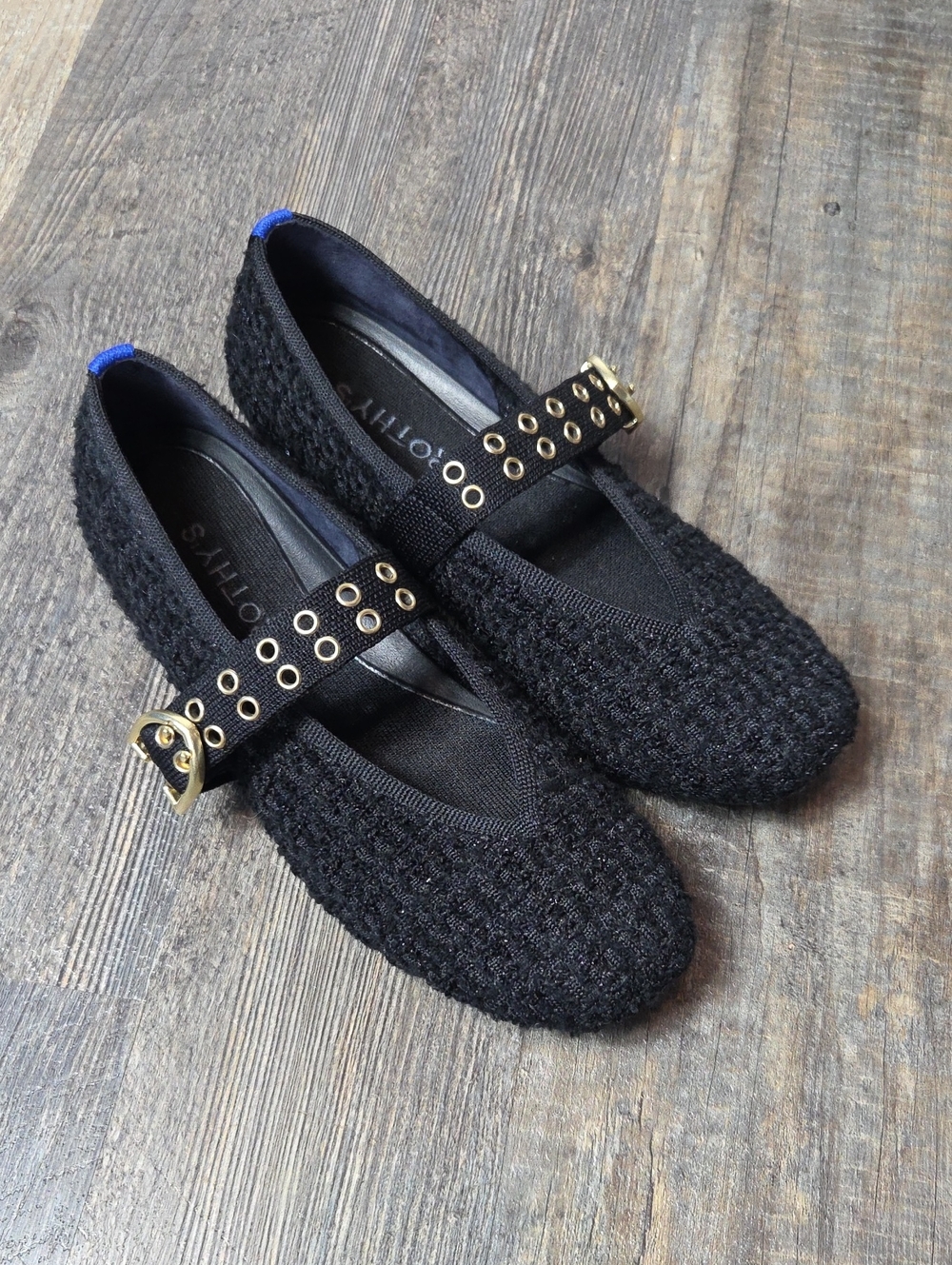 Rothy's Black Tweed Mary Jane Flats with Gold Eyelet Strap
